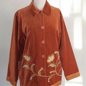 Rust Velvet Embroidered Jacket 2X Boho Floral Button Up Fall Retro Shacket
